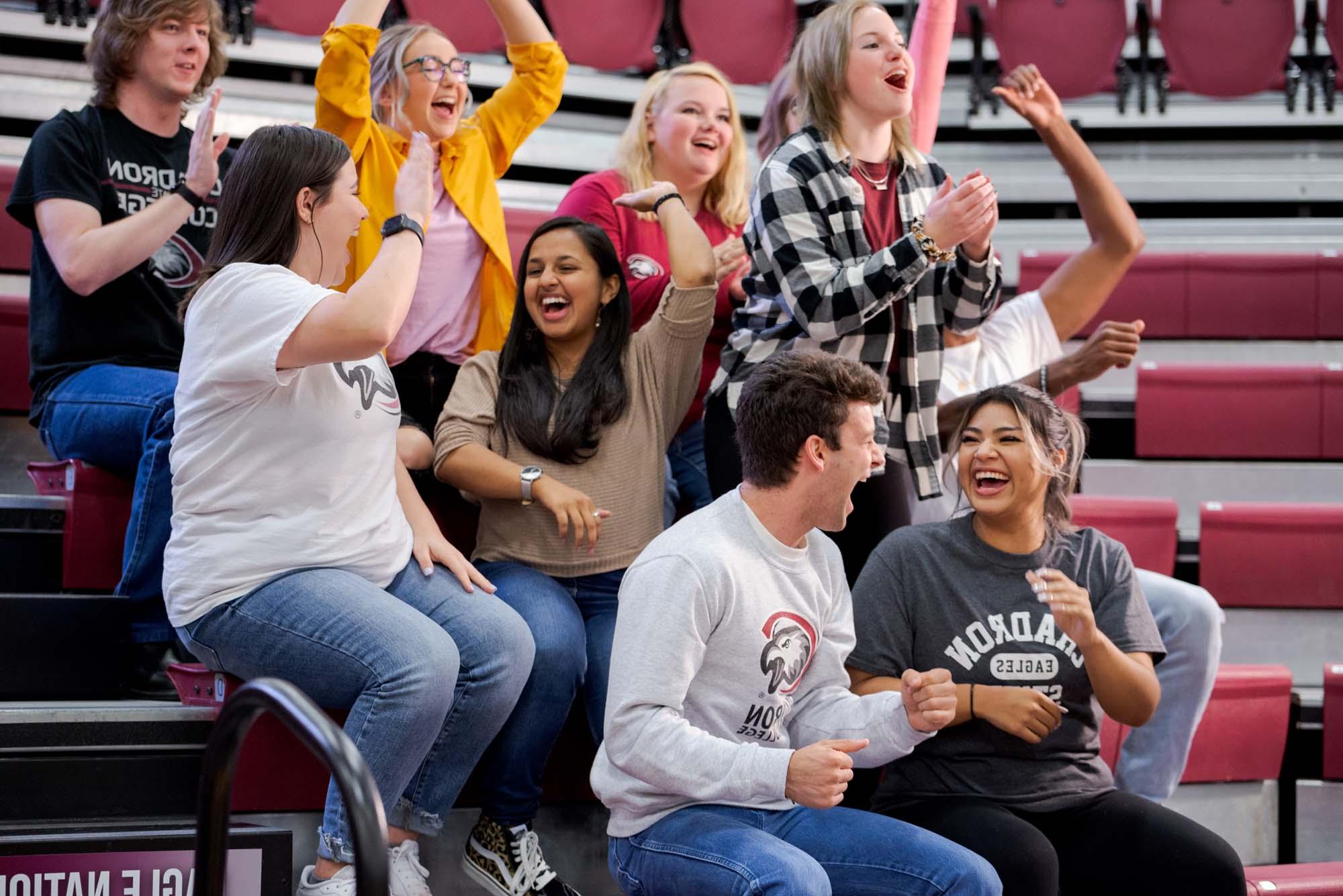 Students cheering while sitting in bleachers, at a sporting contest